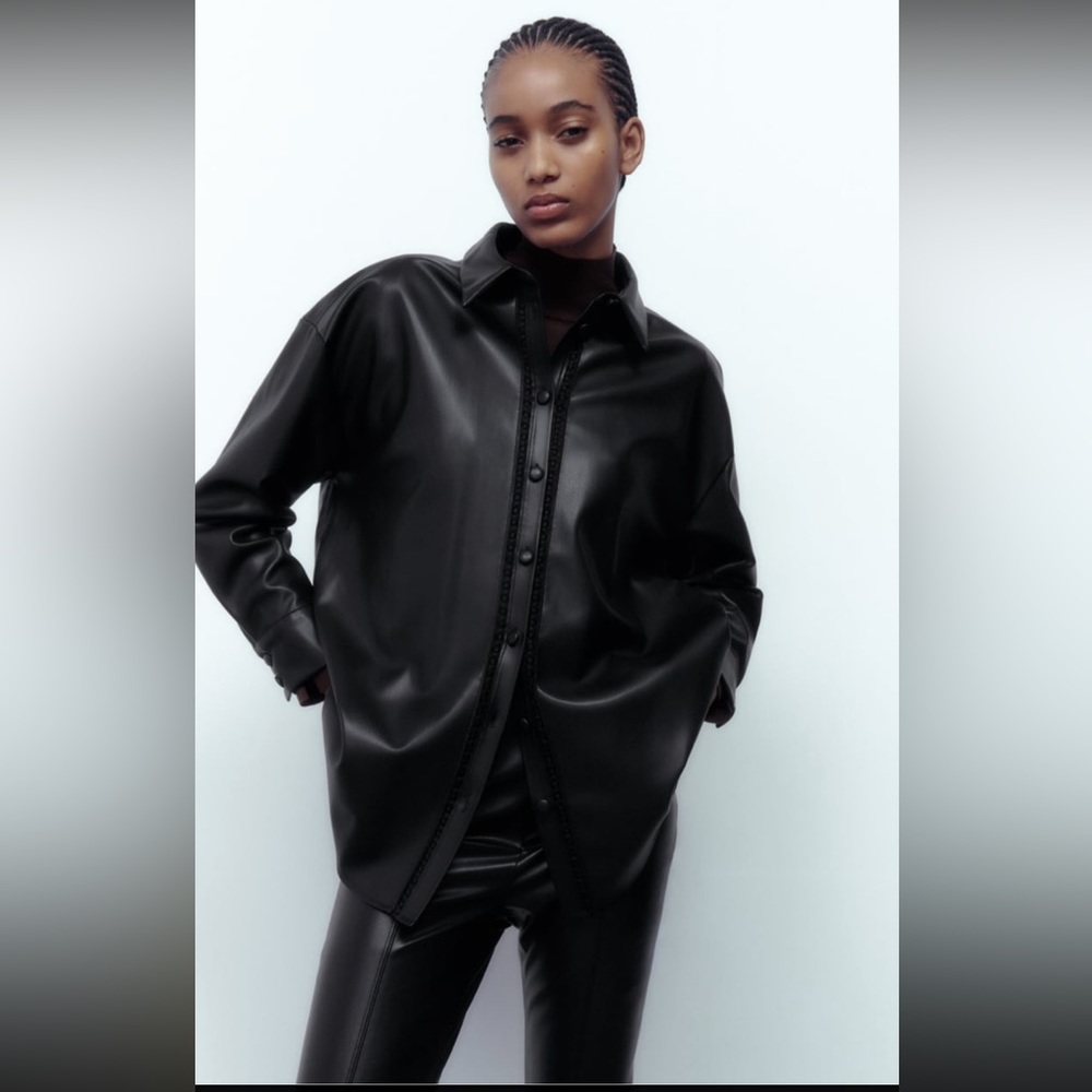 Women Zara Faux Leather Overshirt With Lace Inserts Size XS